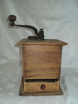 Vintage Old Wooden Dovetail Coffee Grinder Mill   Works