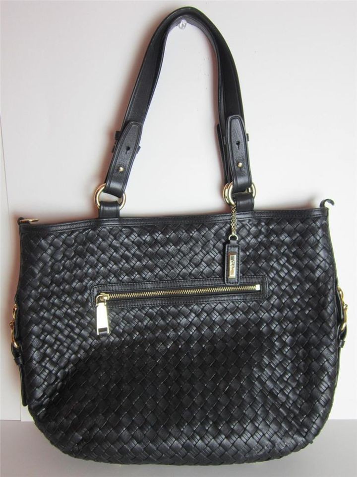 Cole Haan Black Leather Devin Heritage Weave Tote Handbag