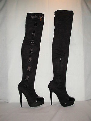 COLIN STUART$98 STRETCH OVER THE KNEE SIDE RIBBON PLATFORM BOOTS Black 