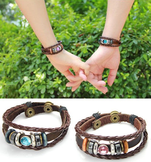 2012 Fashion leather Weave rope Bracelet Rhinestone Double couple 