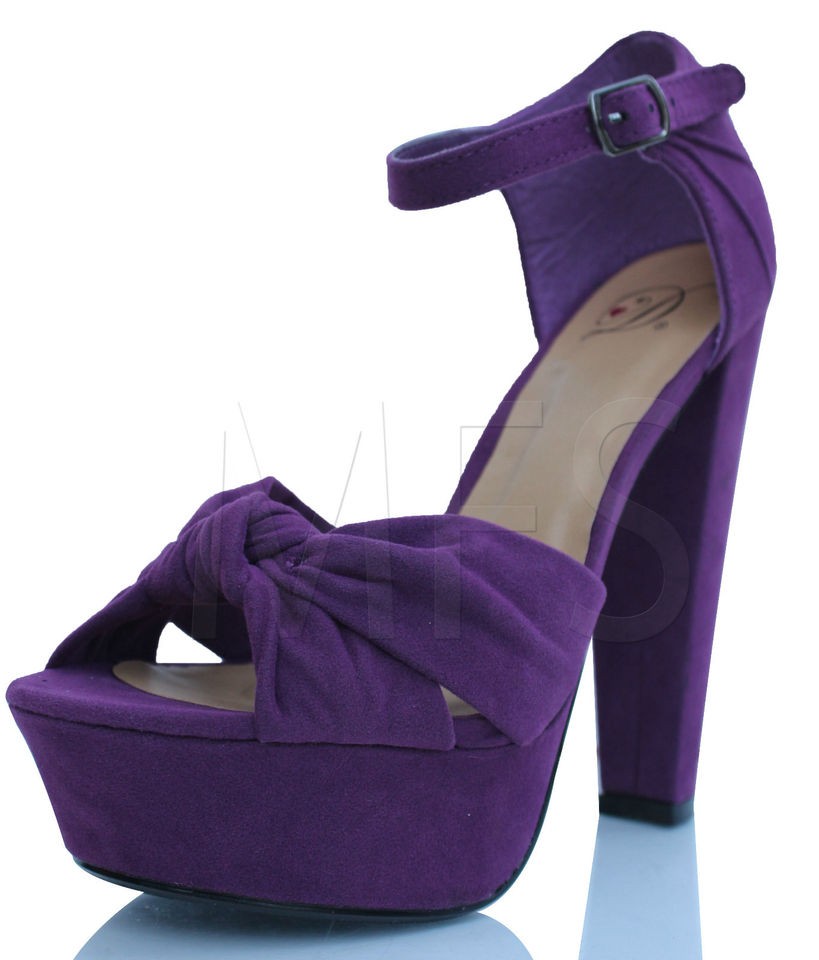 Grape Faux Suede Wrap Tie Ankle Strap Platform Chunky High Heels Swat