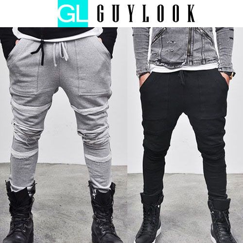   Hem Mens Slim Biker Seaming Baggy Cotton Jersey Sweatpants By Guylook