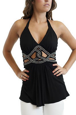 Sky Eliasma Halter Top Black Criss Cross Crystal Cutouts V Neck NWT 