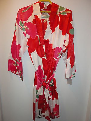 NWT N by Natori Riko Satin Wrap Robe Bold Red Floral Loungewear $98 