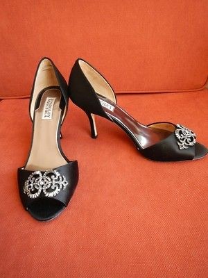 BADGLEY MISCHKA SALSA DORSAY BLACK SATIN PUMPS HEELS EVENING SHOES 