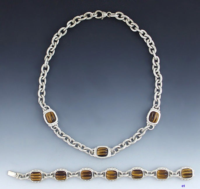 JUDITH RIPKA STERLING TIGERS EYE BRACELET/NECKL​ACE SET