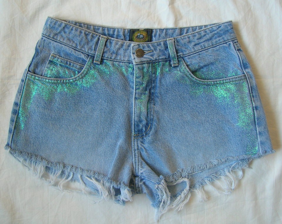 OOAK VTG CUT OFF DENIM SHORTS GLITTER DIY D.I.Y PARIS BLUE JEANS LIGHT 