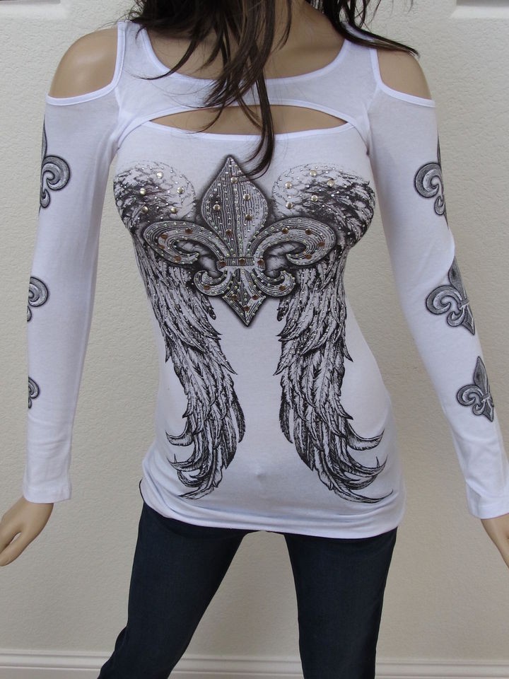   White Rhinestone N Stud Fleur De Lis N Wings Top Biker Rocker Vocal