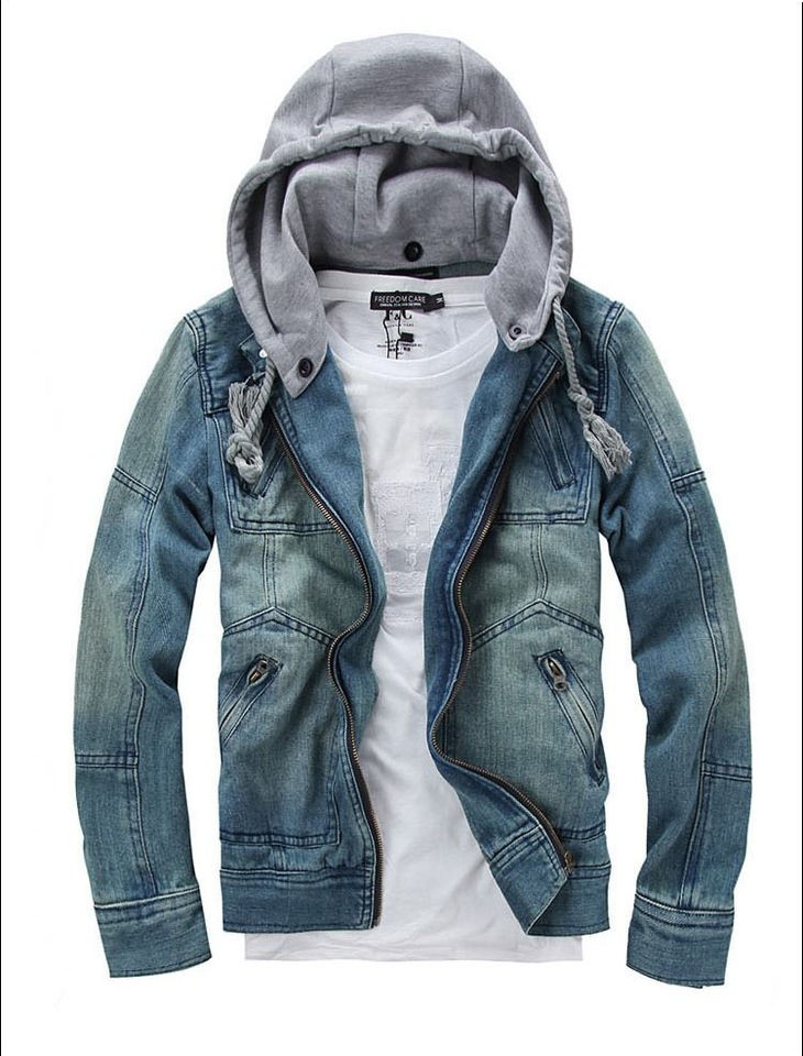 VINTAGE CLASSIC Denim Hooded Jean Jacket Hoody Coat Detachable Cap Men 