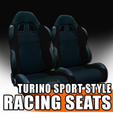 2x Universal Fit Black Fabric & PVC Leather Sport Racing Bucket Seats 