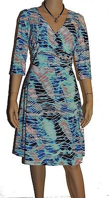 Aqua Blue Navy White Womens Size Large 10/12 Faux Wrap Top Dress