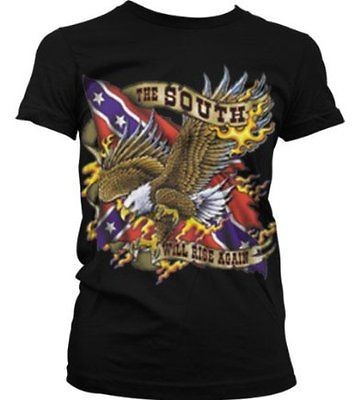   South Will Rise Again Rebel Flag Eagle Biker Flaming  Juniors T shirt