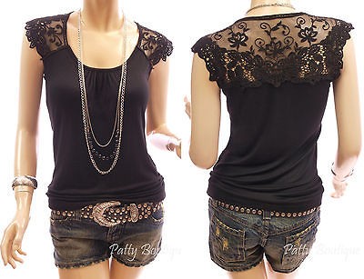 Cute Black Floral Lace Crochet Shoulder Sleeveless Casual Blouse Top 