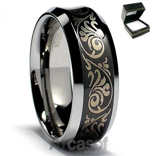 TUNGSTEN CARBIDE WEDDING RING SILVER BLACK ENGRAVED CONCAVE BAND FREE 