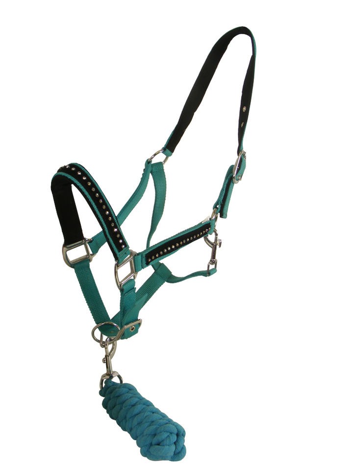 NEW HORSE EQUESTRIAN DIAMANTE PONY PADDED HEAD COLLAR LEAD ROPE SET 