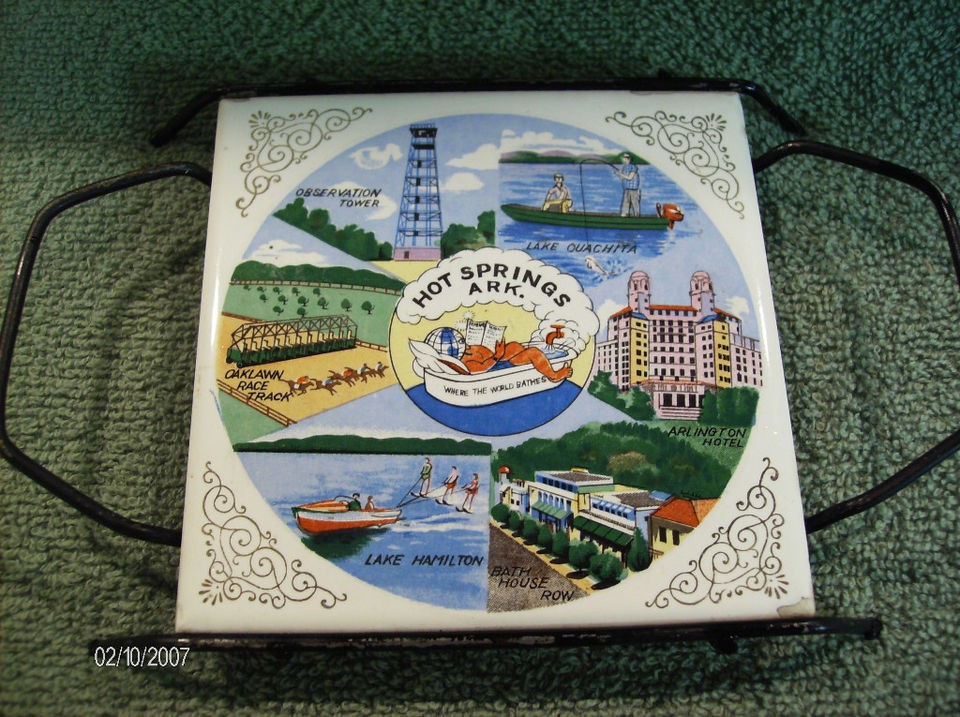 Hot Springs Ark tile trivet on black stand  vintage Made in Japan 