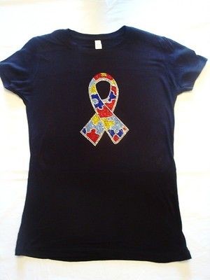 Autism Puzzle Ribbon Rhinestone Bling  Choice of Black, Red, Blue, or 