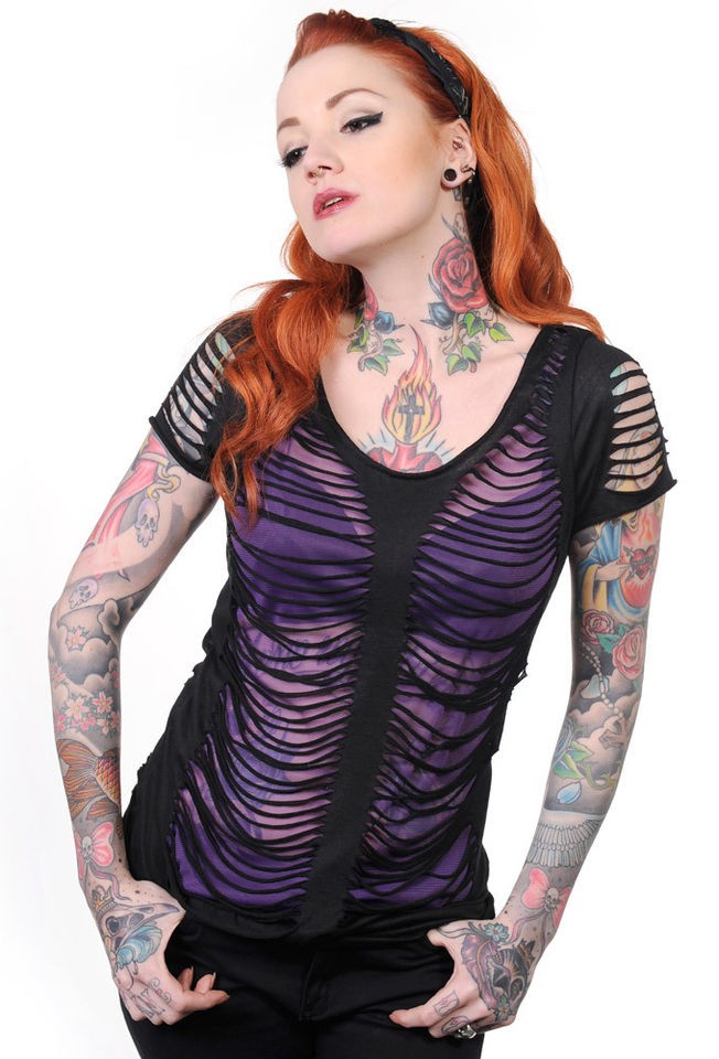 Banned Apparel UK Shredded Black Purple Slashed Top Punk Gothic Goth 