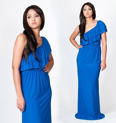 NEW Womens Sexy Cobalt Blue One Shoulder Frill Cocktail Party Maxi 