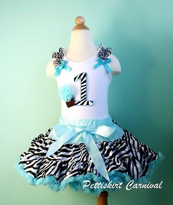 1ST BIRTHDAY BLUE ZEBRA PETTISKIRT CUPCAKE TANK TOP 2PC PARTY DRESS 