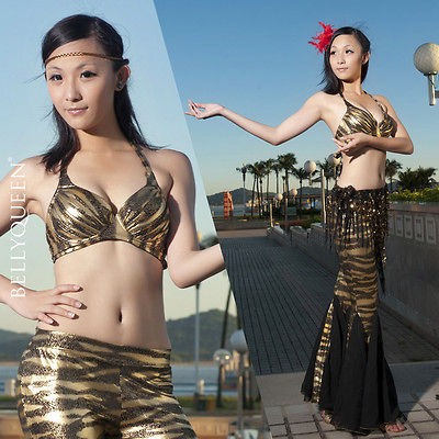   Gold zebra pattern Bra Top and Fishtail Pants 2pcs set Belly Dance