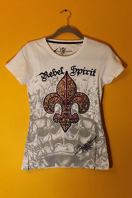 New Rebel Spirit Fleur De Lis studs white t shirt womens size M $90