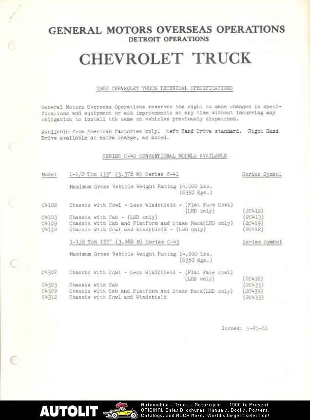 1962 Chevrolet C40 Truck AMA Specs Brochure Export