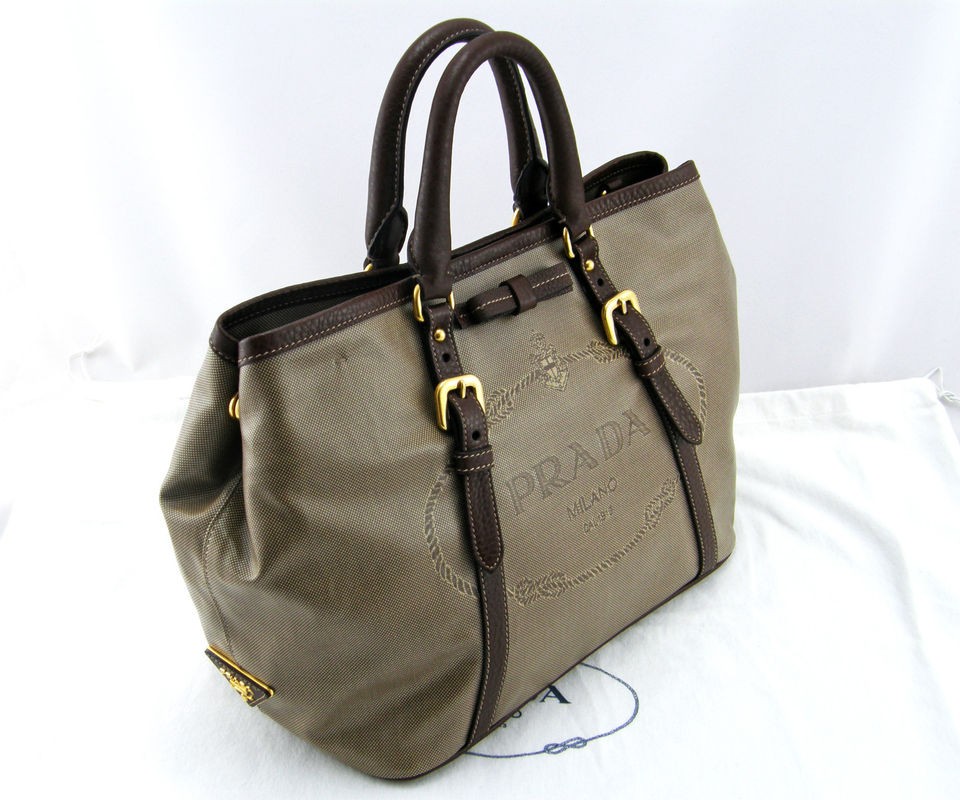 490 PRADA Bauletto Tote Beige Brown LOGO JACQUARD Leather Women’s 