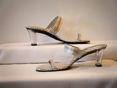 Silver Heeled Slides Sandals~Rhinestones~NIB~Norman Kaplan Las Vegas 