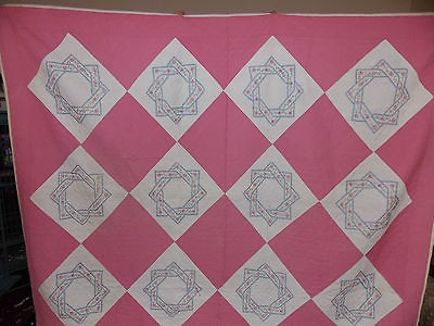   Antique Handmade Embroidered Floral Flower Pink Blue Quilt Star Square