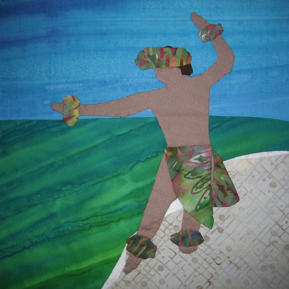 Hawaiian Luau Male HULA DANCER on Beach~ Hawaii Batik Fabric Quilt 