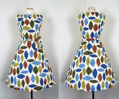 Vintage 50s Dress NOVELTY ATOMIC LEAF Cotton Tea Party Sun S M L XL