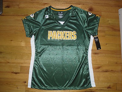 NWT Womens NFL Green Bay Packers Rhinestone Green Jersey Top Sz Large 