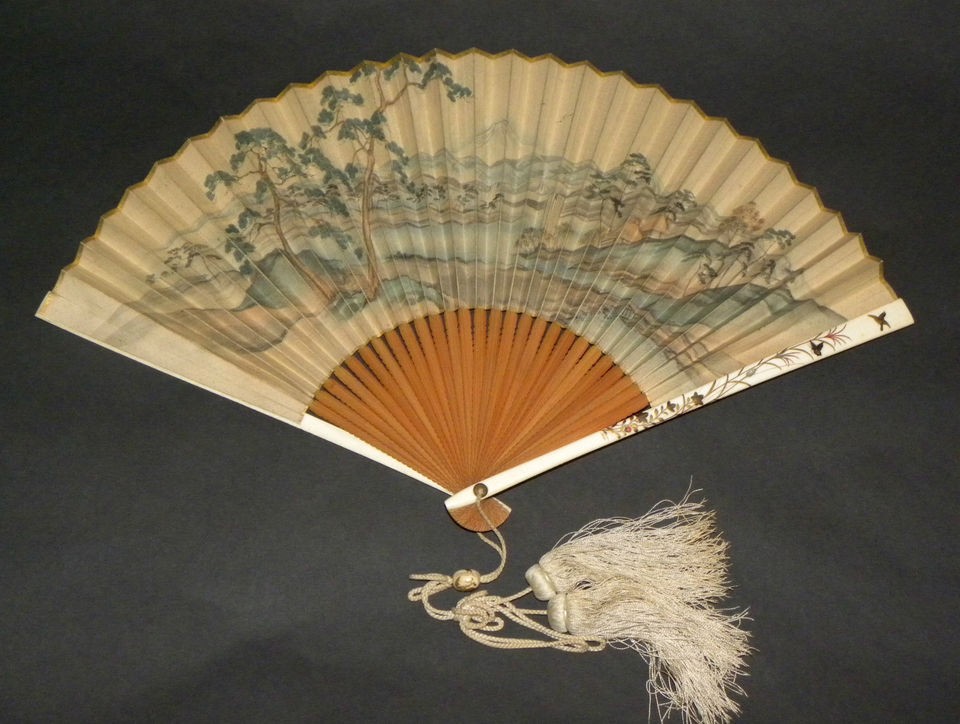 Spectacular Antique Japanese Shibayama Style Ox Bone Fan Meiji 