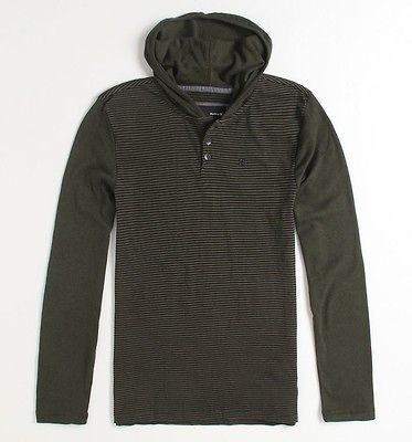 Hurley Woodridge Mens Olive Stripe Knit Henley Pullover Hoodie Shirt 