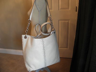 MICHAEL KORS ASTOR VANILLA BEIGE LEATHER CHAIN SHOULDER TOTE HANDBAG 