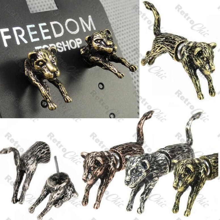 TOPSHOP cat LEOPARD TUNNEL STUD EARRINGS vintage brass/antique silver 