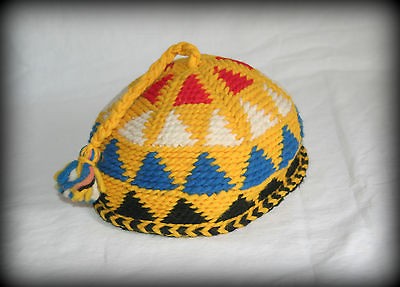 Vintage Uzbek tribal hat doppi hand woven round hat wool yellow 