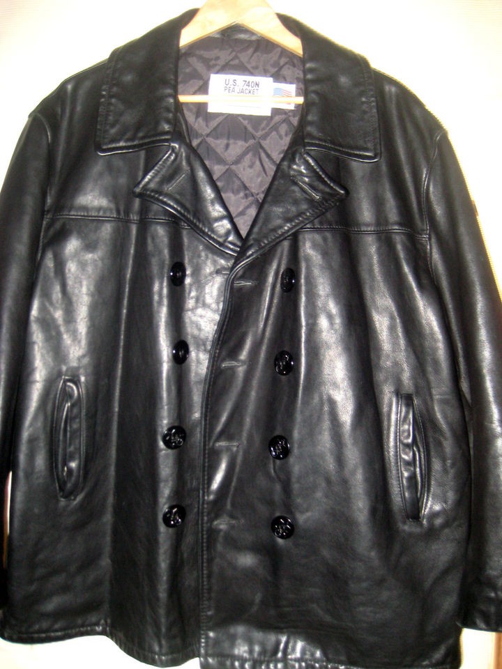 SCHOTT NYC USA MADE BLACK HEAVY LEATHER NAVY 740N 140 PEA COAT JACKET 