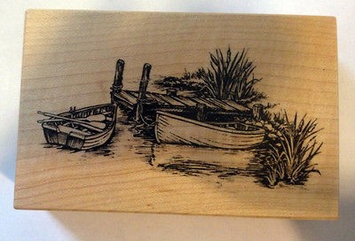   2772 BOAT DOCK nature fishing pond lake scenery rubber stamp RARE 1999