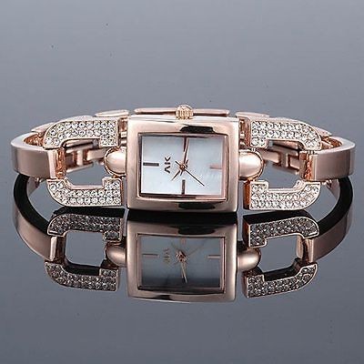   Women 18K Rose gold Steel crystal bracelet Japan quartz wrist watch