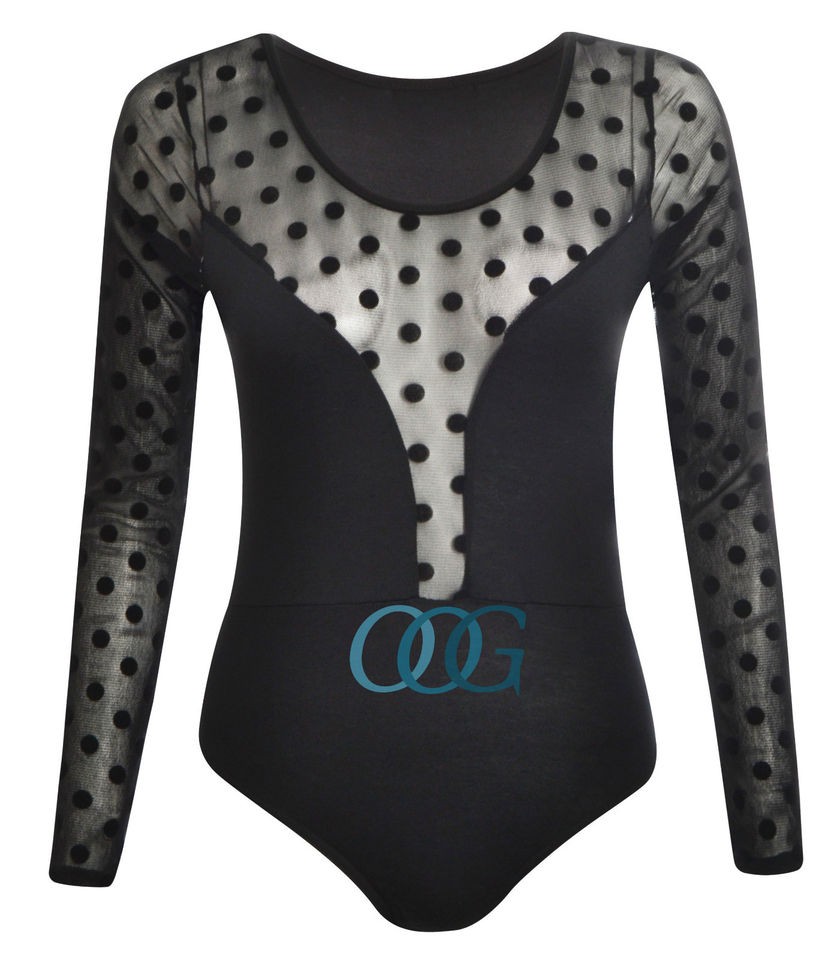   Long Sleeve Polka Dot Mesh Insert Panel Bodysuit Body Top UK 8 14