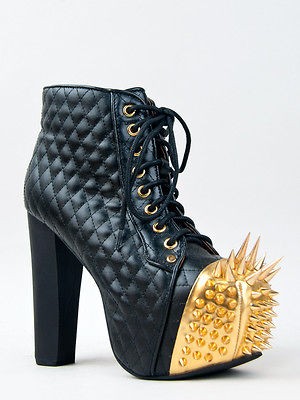 JEFFREY CAMPBELL LITA CROWN Black Quilt Leather Platform HEEL Gold 