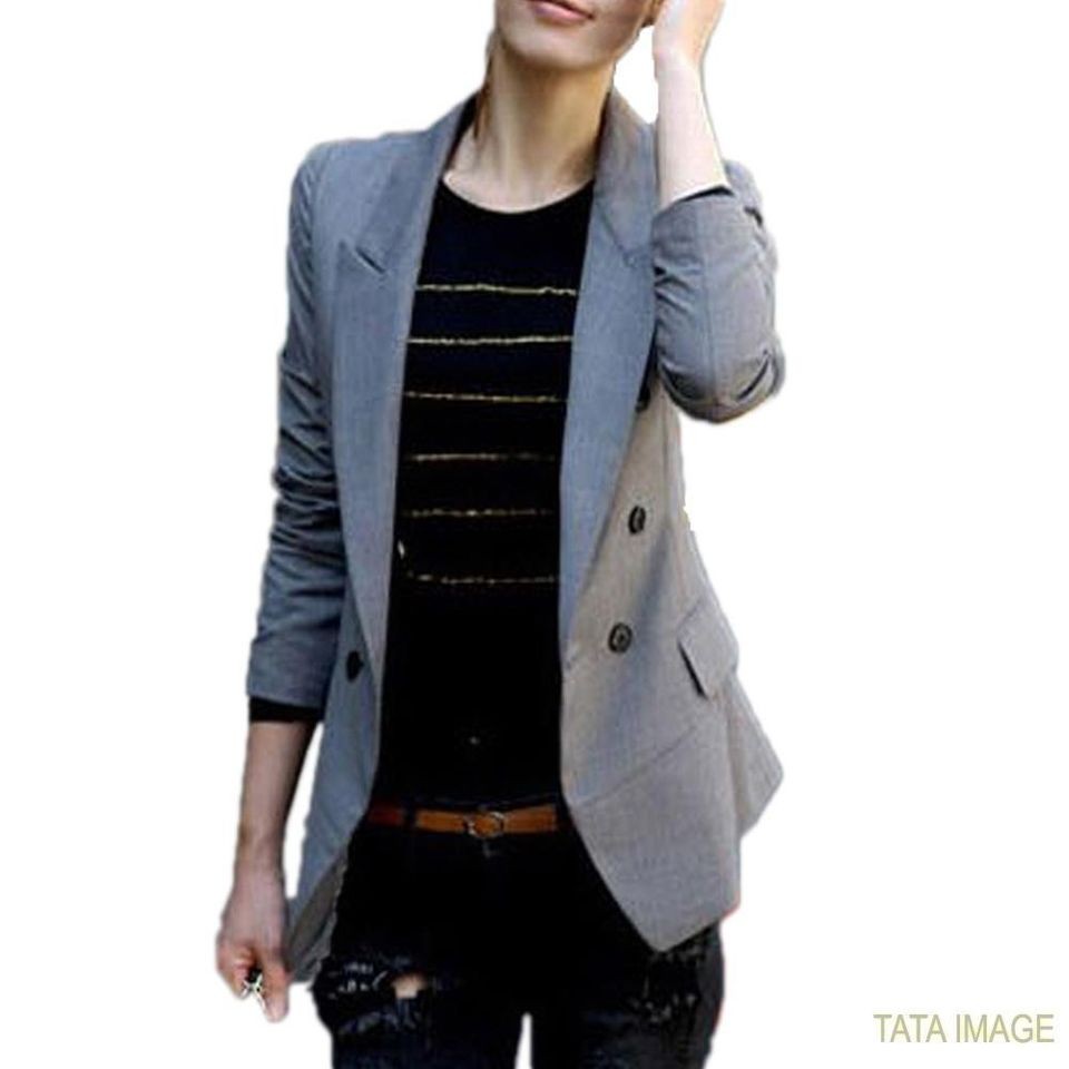 Grey New Long Sleeve Casual Work Collar Boyfriend Blazer Jacket 