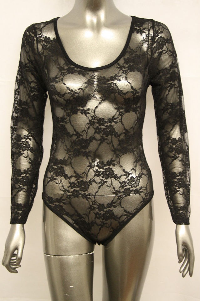ladies black lace bodysuit womens leotard top szs 8 14