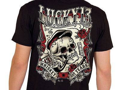 LUCKY 13 WHISKEY AND TEARS PIPE SMOKING SKELETON HEAD PUNK T TEE SHIRT 