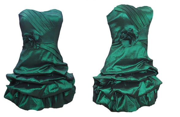 EMERALD GREEN TAFFETA PLEATED CORSAGE RUCHED PARTY PROM PUFFBALL DRESS 