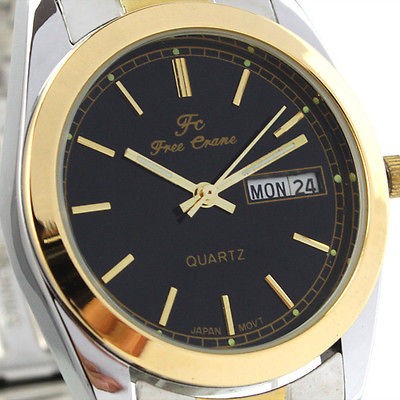 Elegant Black Face Mens Stainless Steel Week Date JP Movt Quartz Wrist 