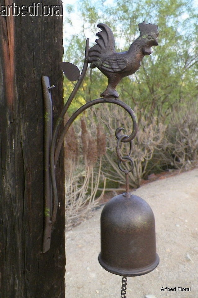 Iron Rooster Dinner Bell Wall Mounted Yard Decor Chicken