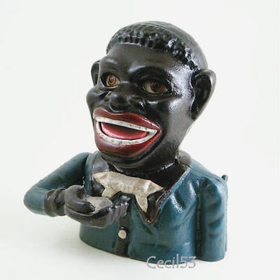 BLACK MAN JOLLY CAST IRON MECHANICAL BANK EYES ROLL UP